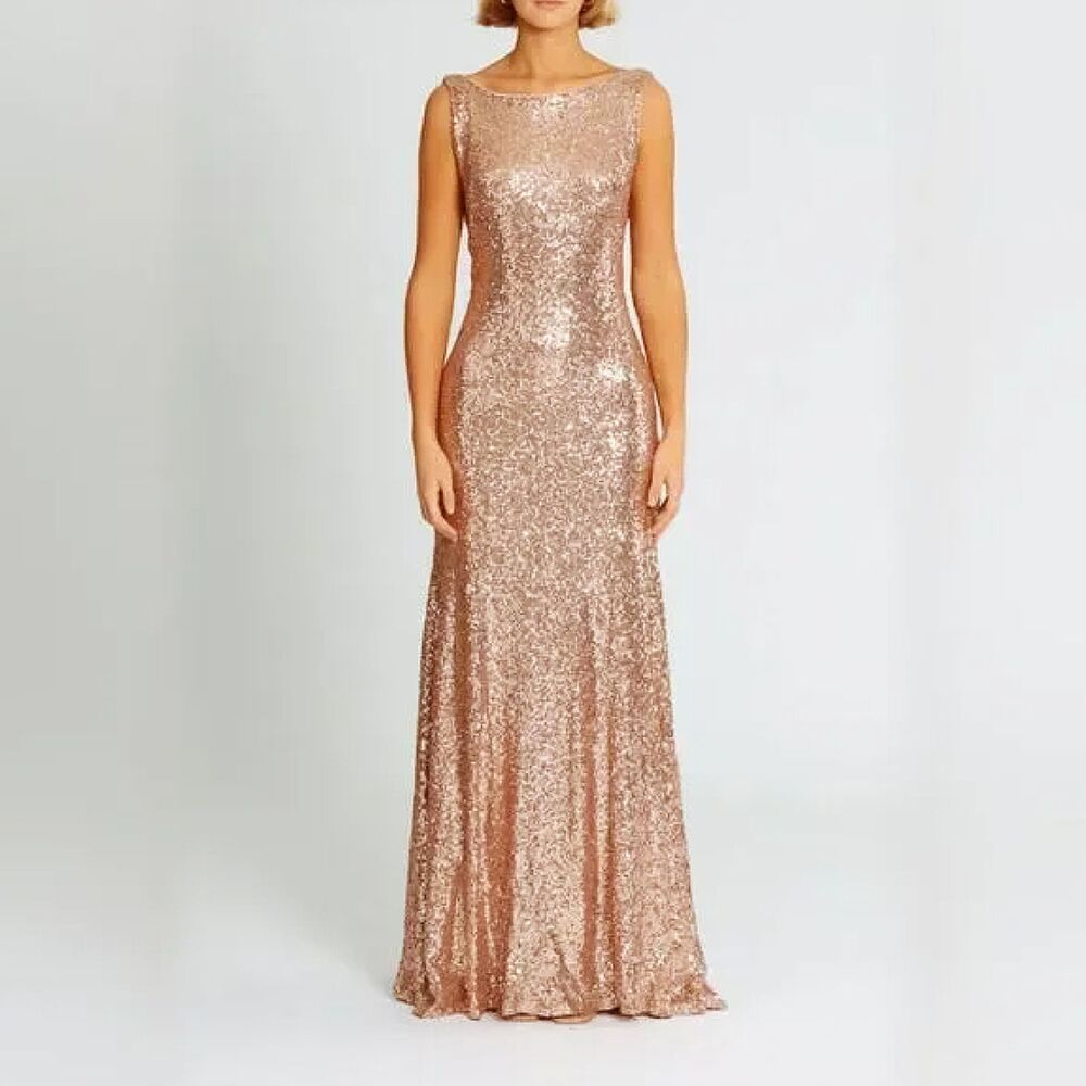 Christina Wu Rose Gold Sequin Dress (6) Bateau Neck Open Back Formal Gown 22704
